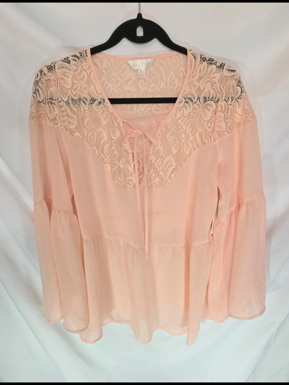 NWT Decree Cottagecore Peach Girlhoodcore Peplum Chiffon Bell Sleeve Blouse XL
